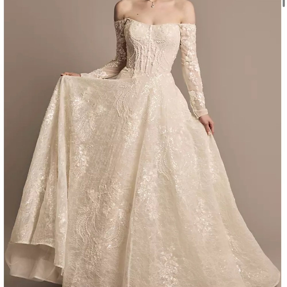 Oleg Cassini Ivory White Elegant Cream Off-Shoulder Lace Beaded Dress